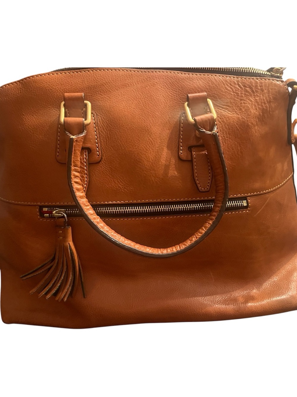 Dooney & Bourke Leather Satchel in Cognac Brown with Tassel Florentina Clayton